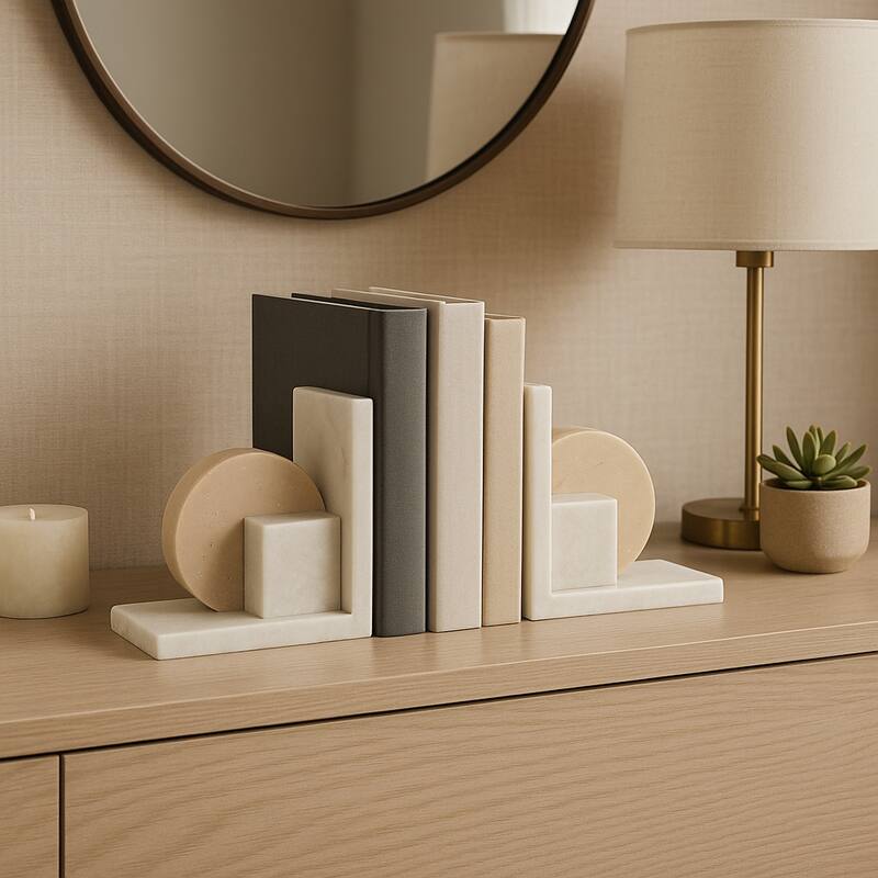 Decorative Geometric Marble Bookends - Set of 2 , 6", White & Tan - 6.0"