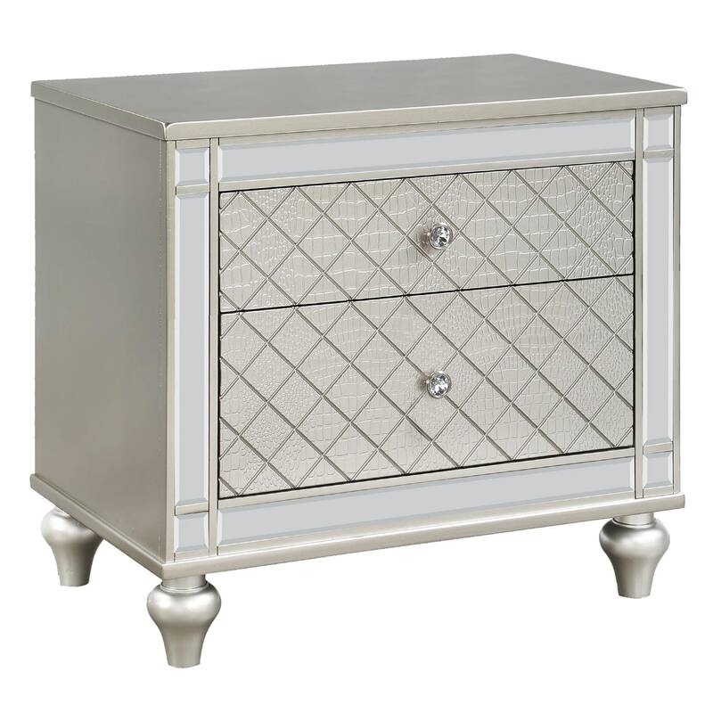 Cristo Nightstand, 2 Dovetail Drawers, Crystal Knobs, Champagne Silver
