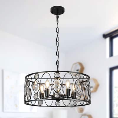 CurveCurio 20" Luxury Matte Black Vintage Caged Chandelier w Crystal Accent, 5-Light and 70" Adjustable Hanging Chain