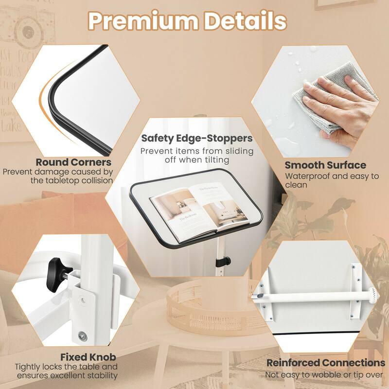 Gymax Overbed Bedside Table Universal Wheels Adjustable Tilt Top