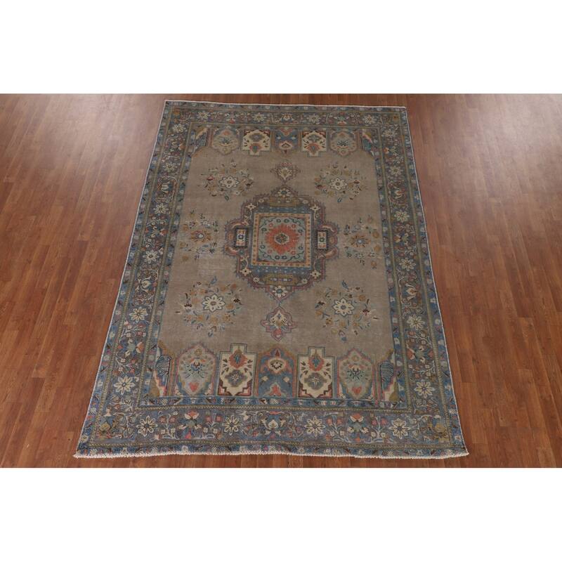 Brown Geometric Bakhtiari Persian Vintage Rug Handmade Wool Carpet - 6'9"x 9'4"