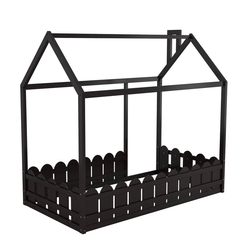 Kids Playhouse Bed Frame without Slats, Wooden Floor House Bed with Fence