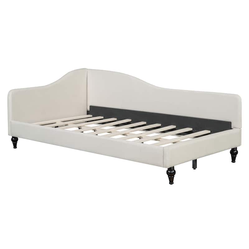 Twin/Full Size Upholstered Daybed, Linen Fabric Sofa Bed with Solid Wood Legs and L Shaped Backrest, Solid Wood Bedframe