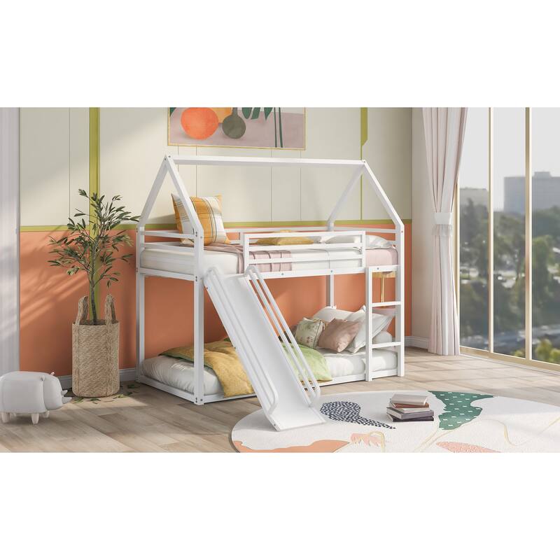 Twin over Twin House Bunk Bed with Ladder and Slide, White