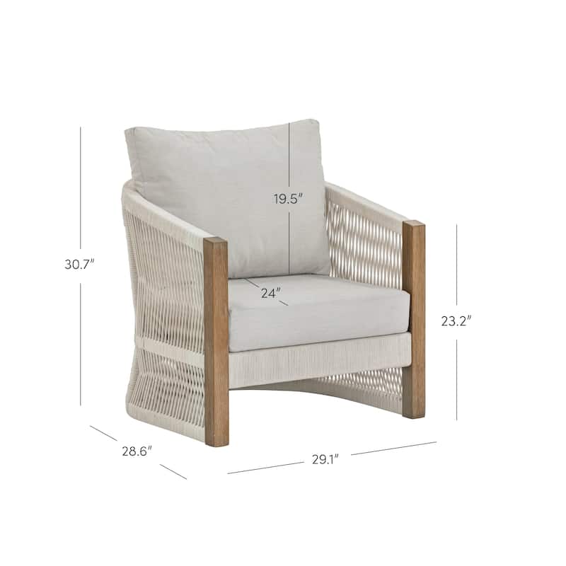 Jagger Farmhouse Patio Seating with Solid Acacia Wood Frame, Cushions, and Rope Accent