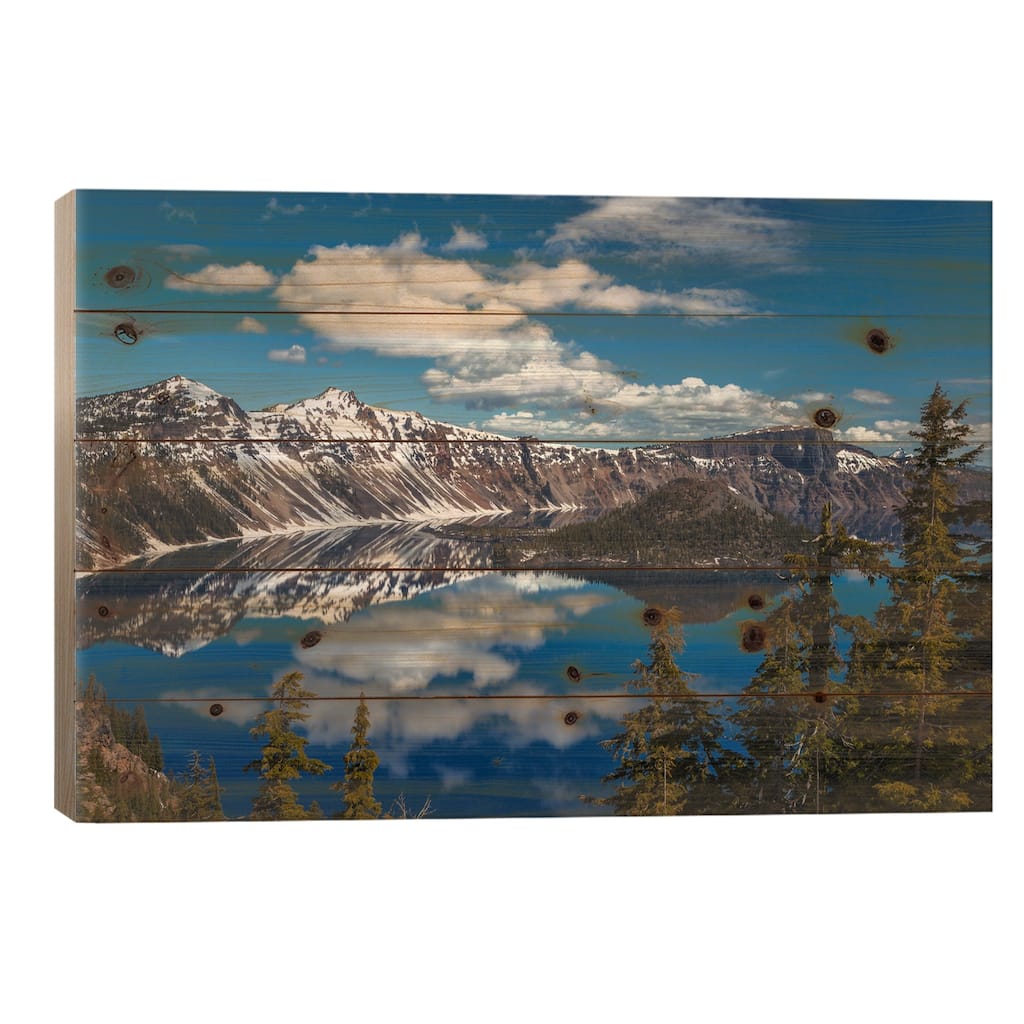 Crater Lake Print On Wood by Sergio Lanza - Multi-Color