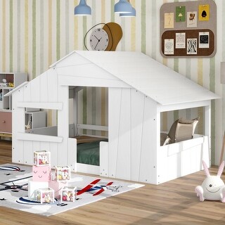 Wood House Bed with Roof & Door, Window and Guardrail