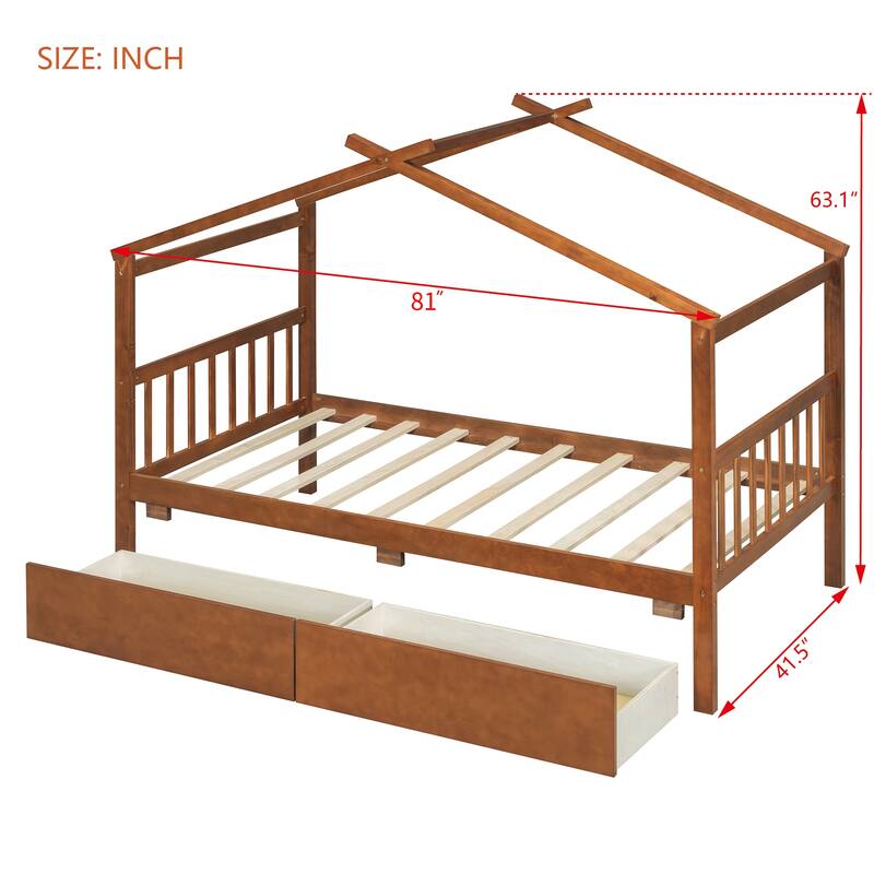 Twin/Full Size Wooden House Bed with Roof and 2 Drawers, Kids Platform Bed with Storage, Solid Pine Frame