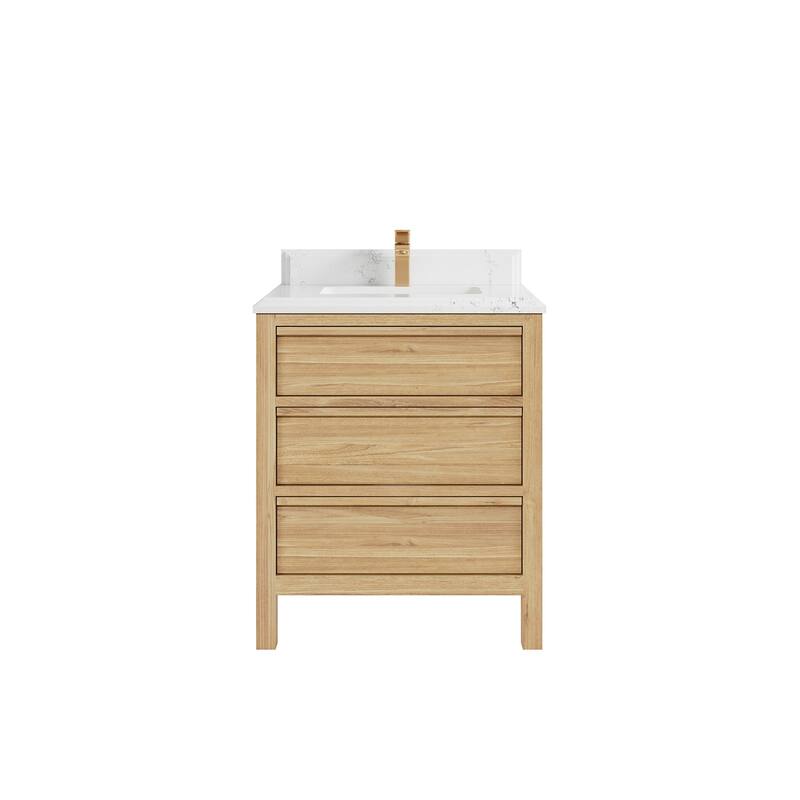 Willow Collections 30 in. W x 22 in. D Elizabeth Solid Teak Wodd Single Sink Bathroom Vanity with Countertop - 1.5" Empira White - Light Natural Teak