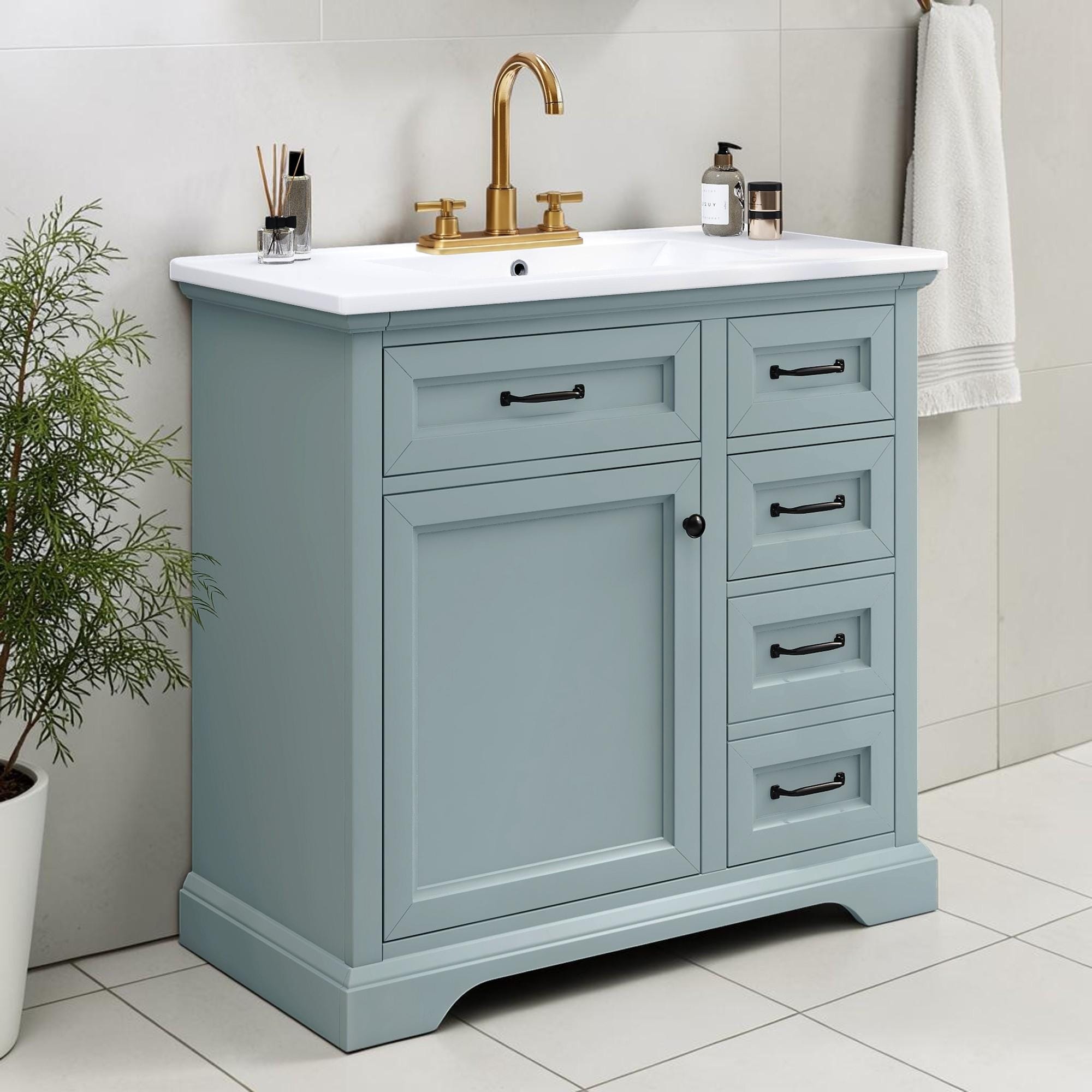 36 Inch Bathroom Vanity with Ceramic Sink, Soft Close Door, Tip Out Drawers and Storage Cabinet