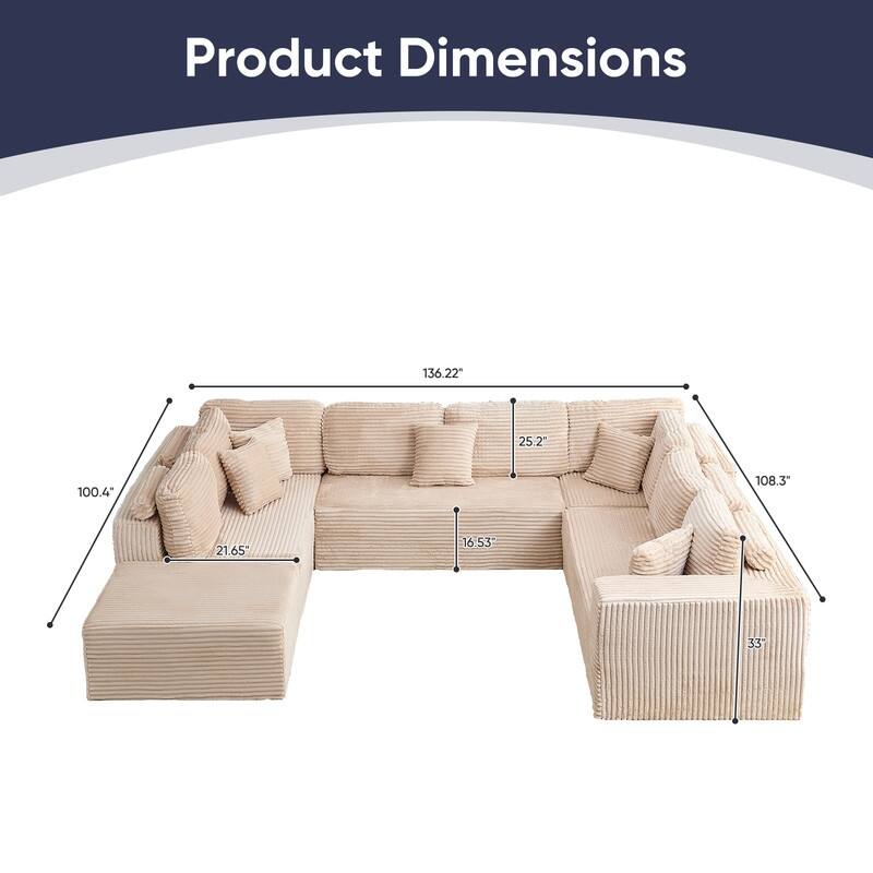 Mixoy 136"U-Shaped Modular Corduroy Sectional Sofa,7-Seater Deep Seats Sofa with Movable Ottoman - U-Shaped