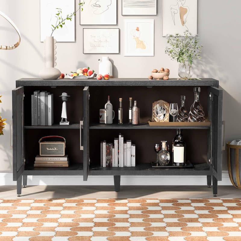 Modern Wood Cabinet with 3 Glass Doors, Adjustable Shelves for Living Room & Entryway - Black