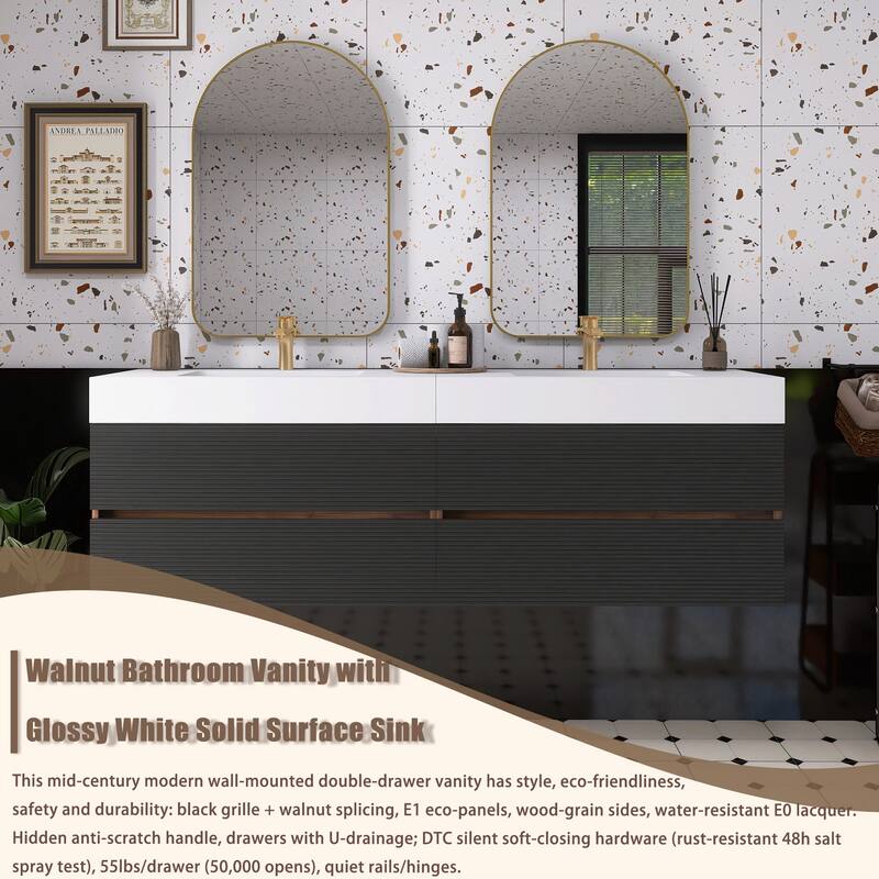 Wall Mounted Bathroom Vanity with Solid Surface Sink and Soft Drawers