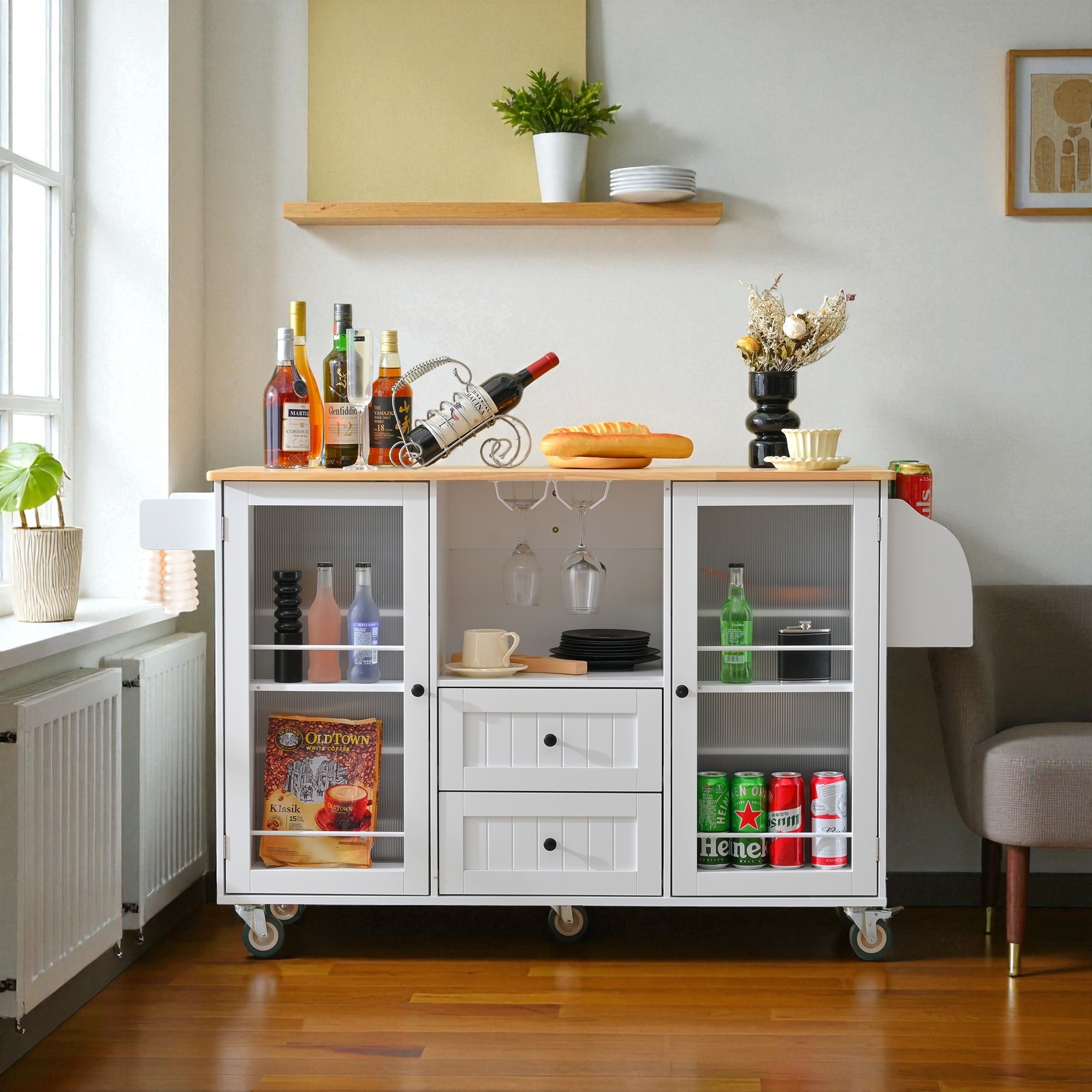 50.4" Rolling Kitchen Island Cart with Drop Leaf, 2 Drawers, 2-Door Cabinet, Towel Bar & Spice Rack