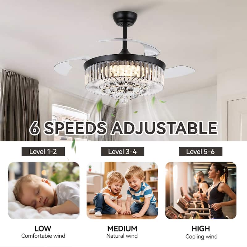 Kviflon 48'' Retractable Ceiling Fan with Lights and Remote 6 Speed, 3 Light Change Retractable Blade Chandelier Ceiling Fan