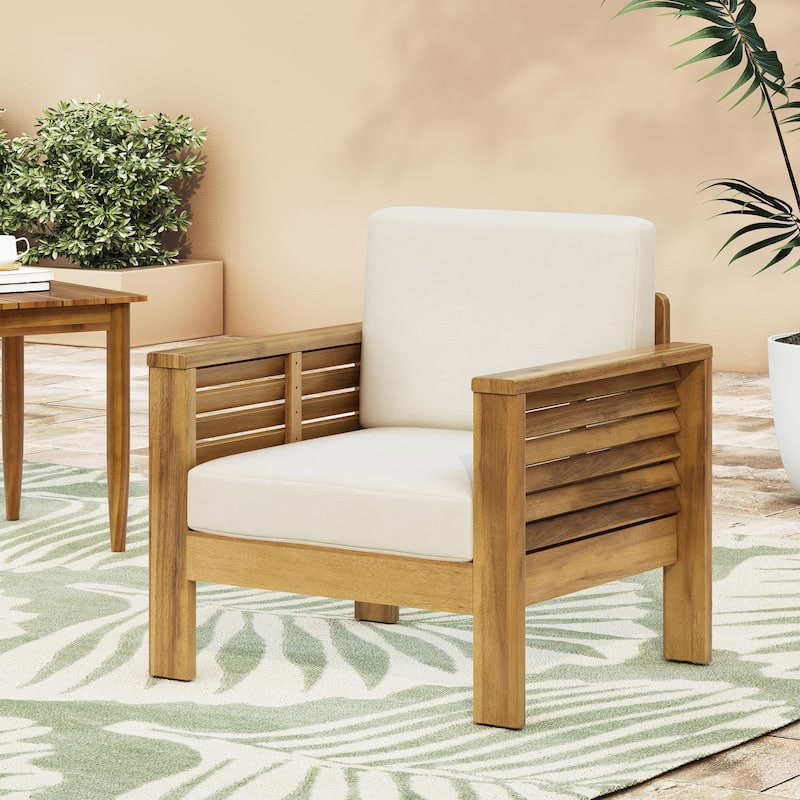 Roomfitters Outdoor Acacia Wood Club Chair with Cushions, Teak Frame and Weather-Resistant Beige Cushions, Ideal for Patio