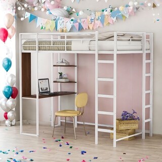 Twin Metal Loft Bed with 2 Shelves, 2 built-in ladders and Desk, White