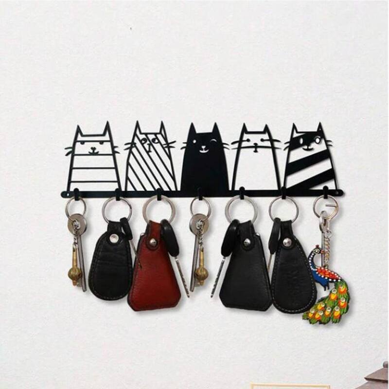 Cute Cat Wall Hooks 7-Hook Key Rack Coat Rack Modern Decor - 13.74" x 4.37"