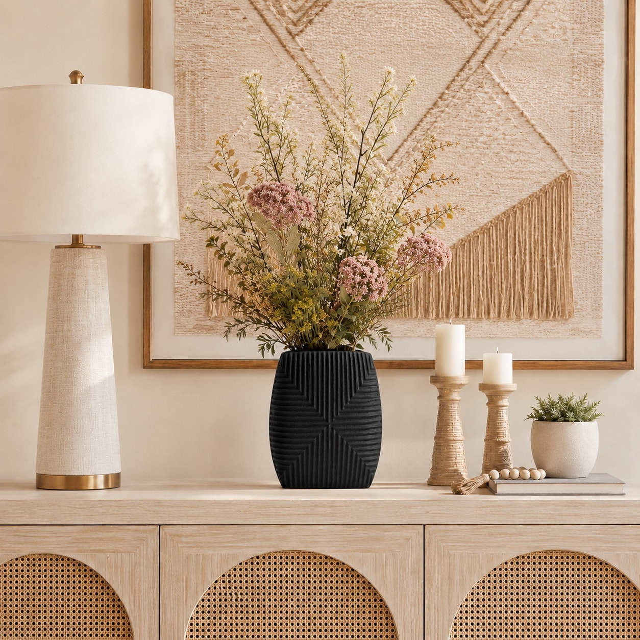 Decorative Vase - Matte Black Metal Ribbed Textured, 10 in.