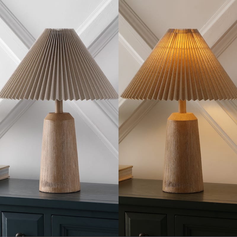 Giulia 20.5" Rustic Scandinavian Resin/Iron Lighthouse LED Table Lamp with Pleated Shade, Beige Wood Finish by JONATHAN Y