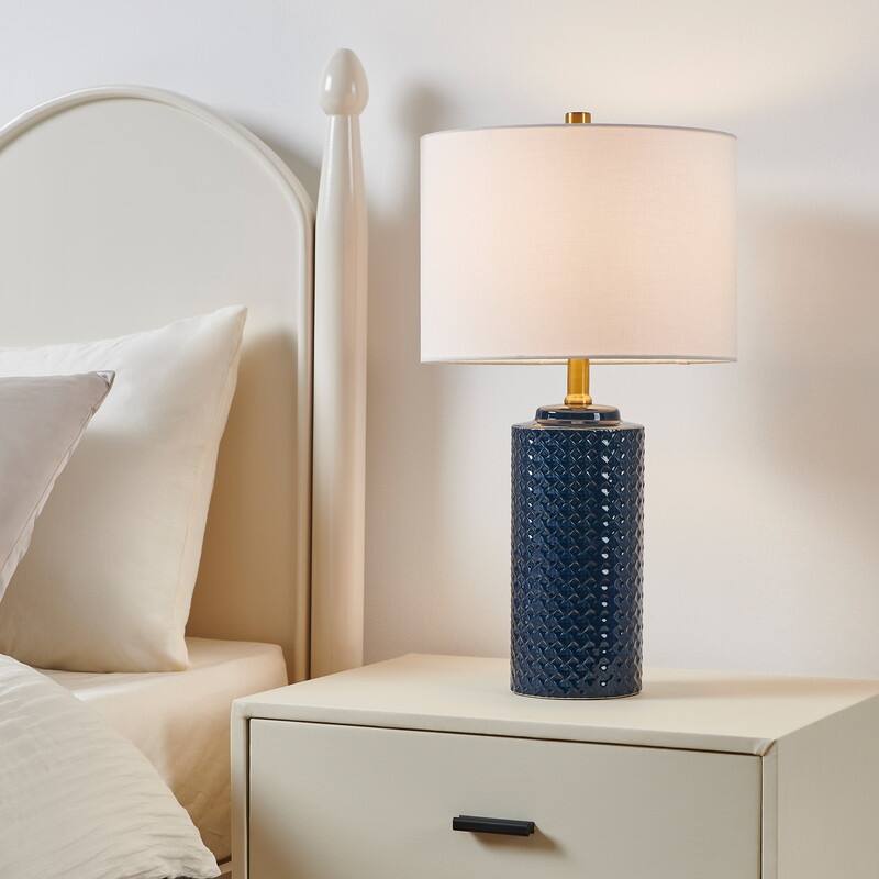 KAWOTI 21.75 Inch Blue Ceramics Table Lamp with Drum Shade