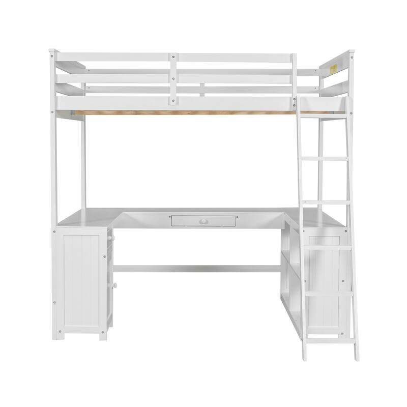 Full Size Loft Bed with U-shaped Desk, Drawers, and Storage Shelves in White