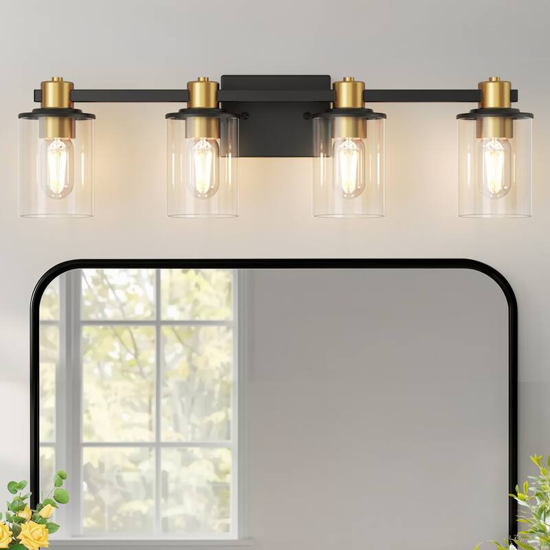 YANSUN 26 in. 4-Light Black and Gold Vanity Light with Round Clear Glass Shades for a Sophisticated Look