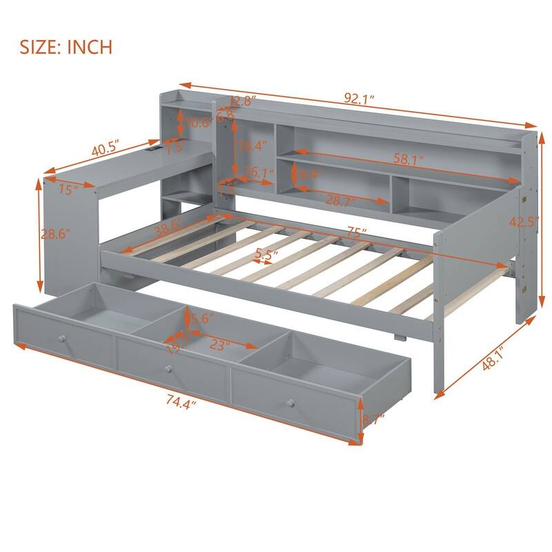 Twin/Full Daybed with 3 Storage Drawers and Bedside Desk, Wooden Day Bedframe Sofa Bed with Storage Shelves and USB Ports