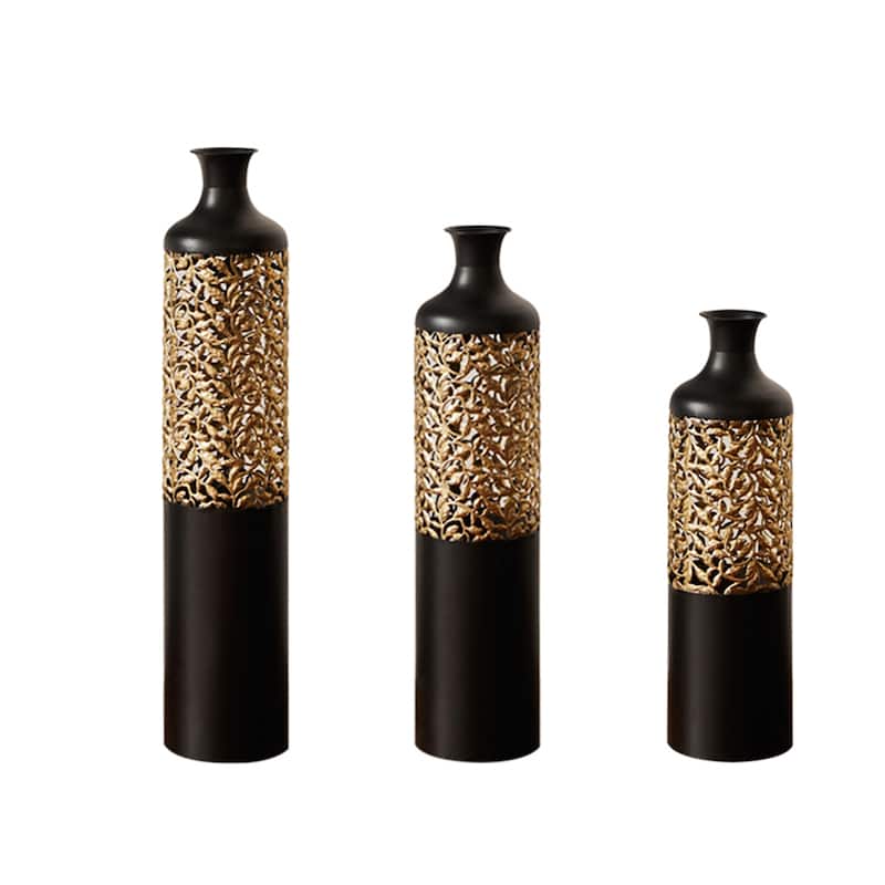 Decorated Floor Glazed Metal Vases (Set of 3)