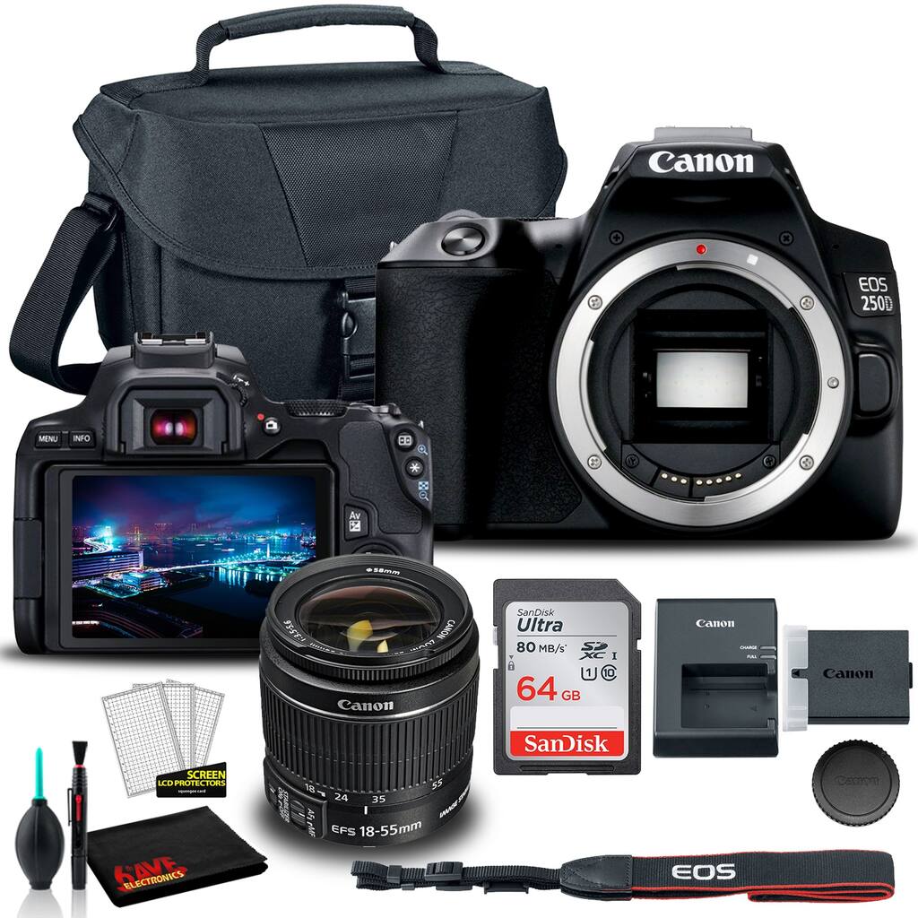 Canon 250D DSLR Camera W/ 18-55mm Lens Bag Sandisk 64GB Card