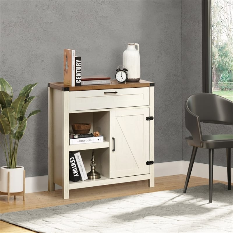 Rustic Distressed White Storage Cabinet with Barn Door and Drawer Open Shelves for Kitchen - 30"W x 15.25"D x 32.75"H