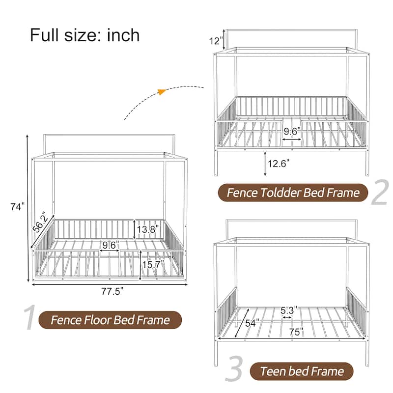3-in-1 Convertible Metal Bed for Kids, Toddler Floor Bed, Fenced Bed and Montessori Elevated Bed with House-shaped Frame