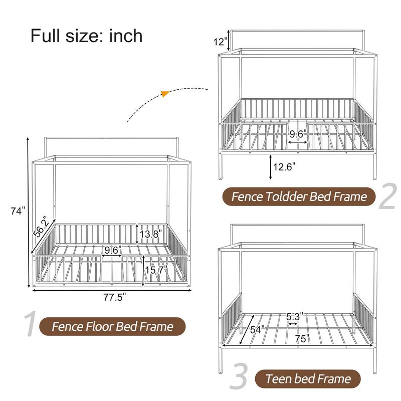 3-in-1 Convertible Montessori Metal Floor Bed by Harper&Bright Designs