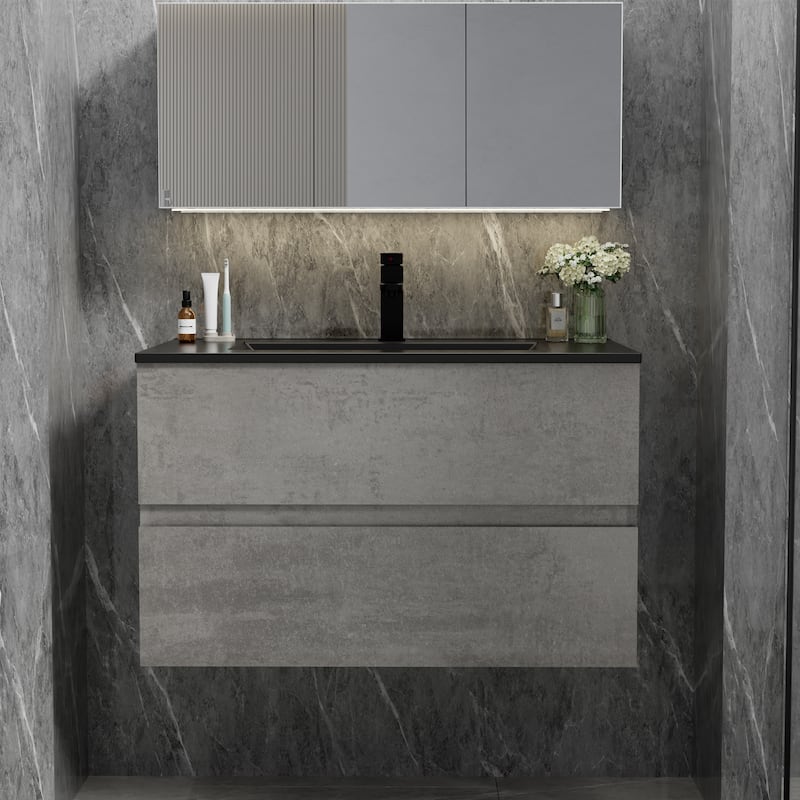 Wall Mounted Bathroom Vanity Sink with Black Sink & Faucet - 30 in