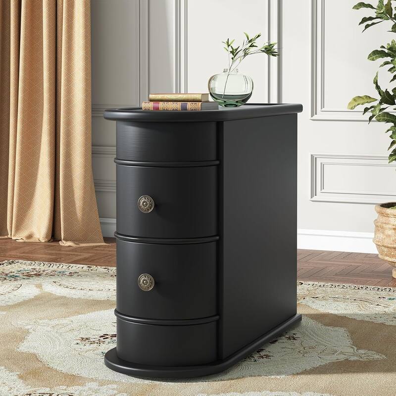 10.8 Inches Narrow End Table with 2 Drawers -Fully Assembled Solid Wood Side Table, Slim Nightstand - Black