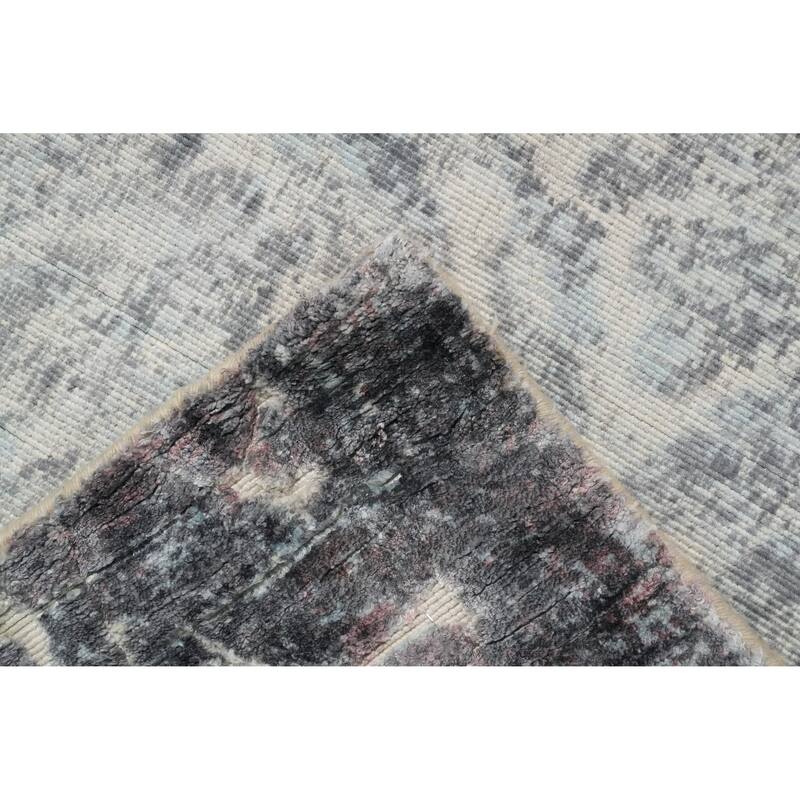 Hand Knotted Oriental Viscose Silk Carpet Modern Floral Greys & Charcoal Abstract Area Rug - 6' 11'' X 5' 6''