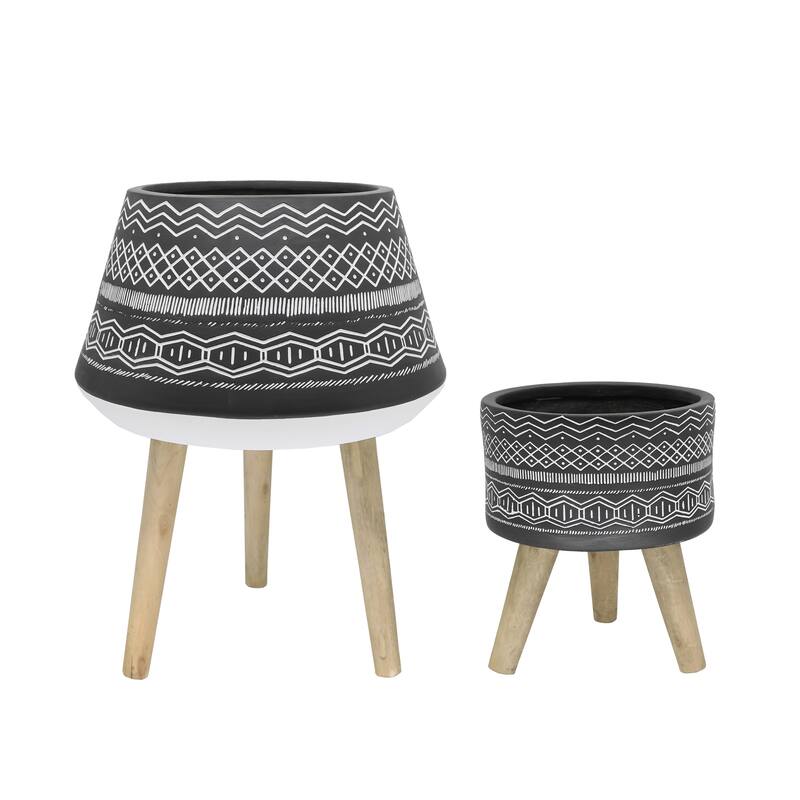 18" & 10" Tribal Fiberglass Plant Pot On Wood Stand,Set Of 2
