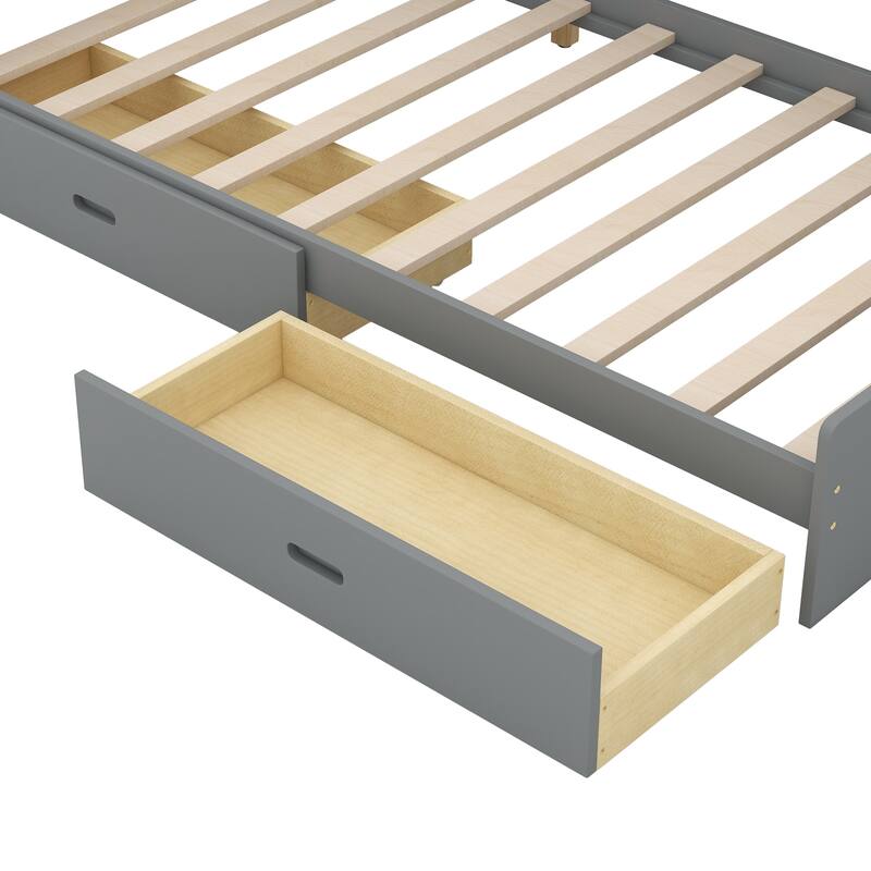 Wood Platform Bed with Storage Headboard, Shelves and 2 Drawers