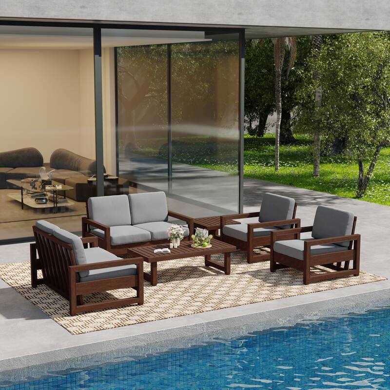 Oversize Teak Wood Loveseat Armchair Outdoor Patio Conversation Set with Cushion - Dark Wood - Light Grey