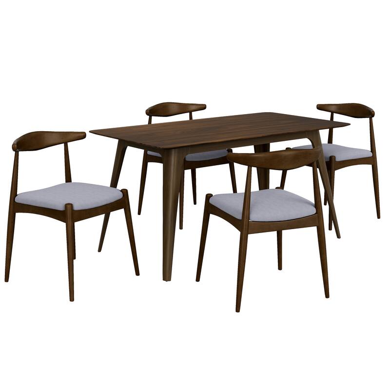 Roomfitters 5-Piece Mid-Century Dining Set, 47" Walnut Table with 4 Ergonomic Upholstered Chairs