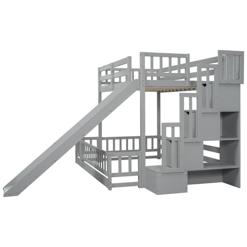 Twin Over Full Size Floor Bunk Bed with Slide and Safety Guardrails, Wooden Bunk Bedframe with Storage Staircase and Fence