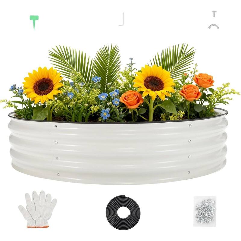 4X4x1Ft Round Galvanized Raised Garden Bed, Planter Box Kit for Vegetables, Flowers, Herbs & Fruits - White