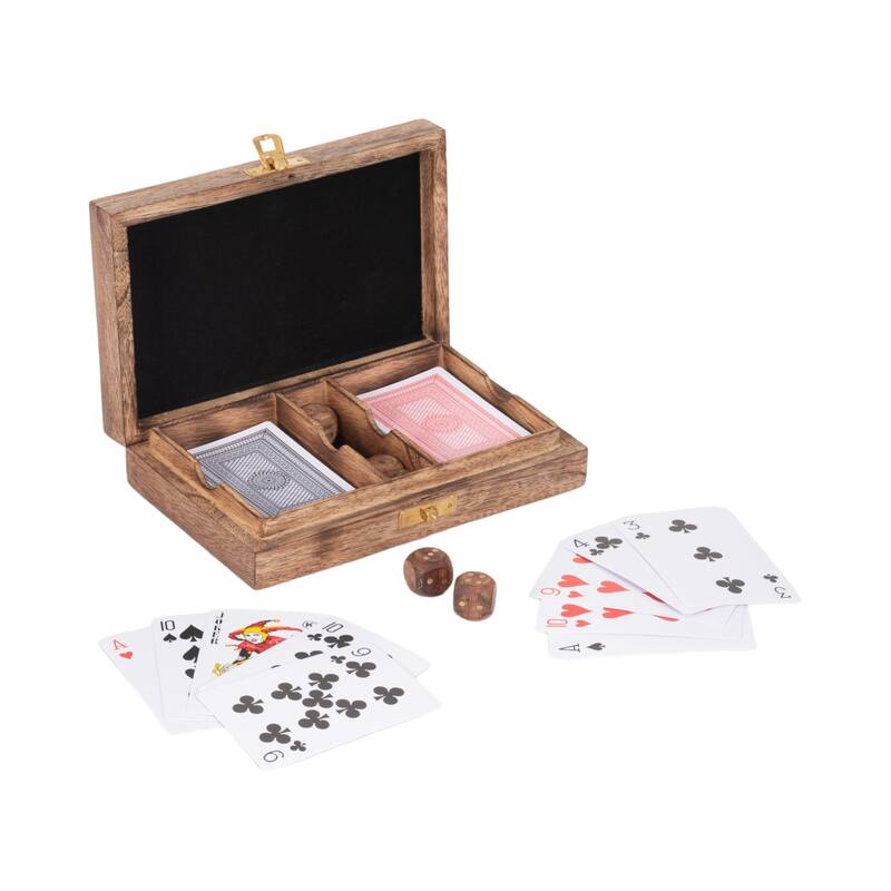 Sagebrook Home's Mango Wood and Brass 7x5 Cards & Dice Box - Artisan Crafted, Brown, Ideal for Home Entertainers - 7" x 5" x 2"