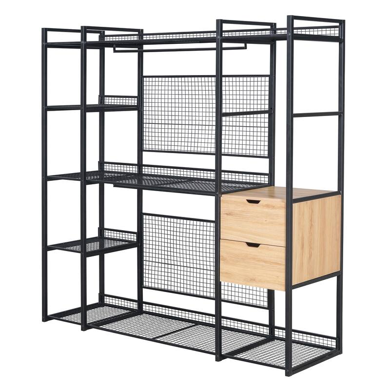 Open-Style Wardrobe with Hanging Rails, Shelves and Drawers - N/A