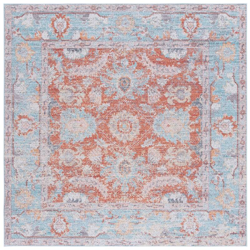SAFAVIEH Tucson Adolfa Machine Washable Slip Resistant Shabby Chic - 6' Square - Turquoise/Rust - Square