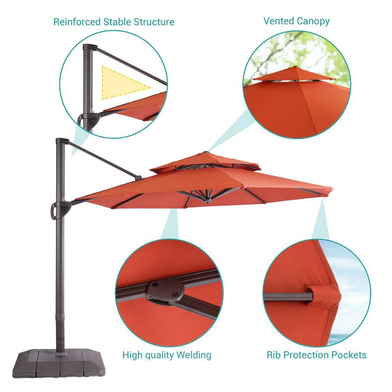 BONOSUKI 11Ft Double Top Aluminum Cantilever Patio Umbrella with Base for Patio Deck Garden, Red