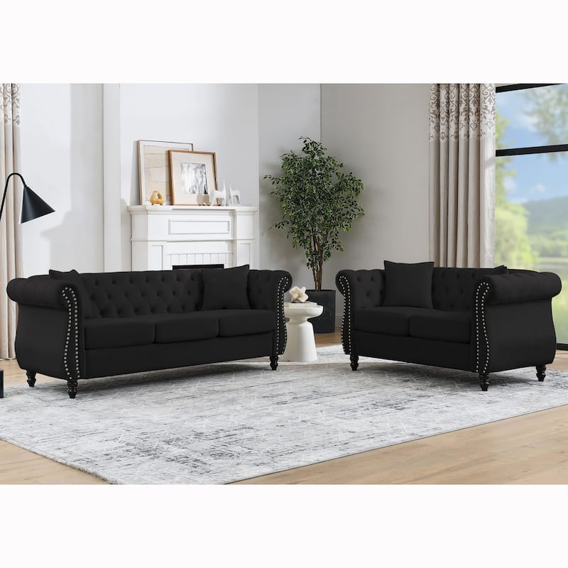 2+3 Seater Chesterfield Sofa,Oversized Velvet Tufted Upholstered Sofa for Living Room,Sofa-Deep Seating,Nailheads Desige - Black