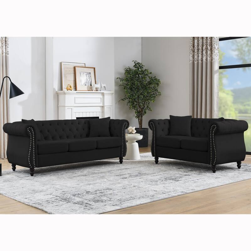 5-Person Chesterfield Sofa with Nailhead Trim, Tufted Back, and Solid Wood Frame - Black