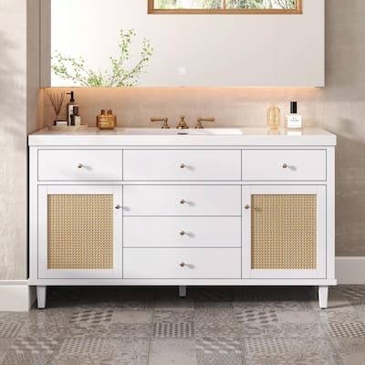 60" Bathroom Vanity with SMC Sink - Modern Large Storage Cabinet with Soft Close Drawers and Rattan Doors
