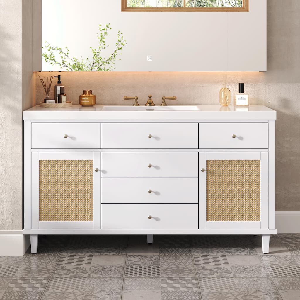 60" Bathroom Vanity with SMC Sink - Modern Large Storage Cabinet with Soft Close Drawers and Rattan Doors